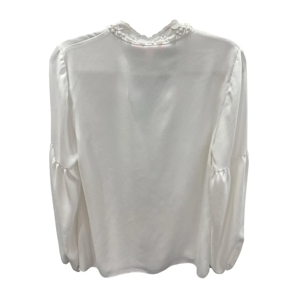 Lilly Pulitzer White Satin Embellished V-Neck Blouse Size Medium Long Sleeve Top
